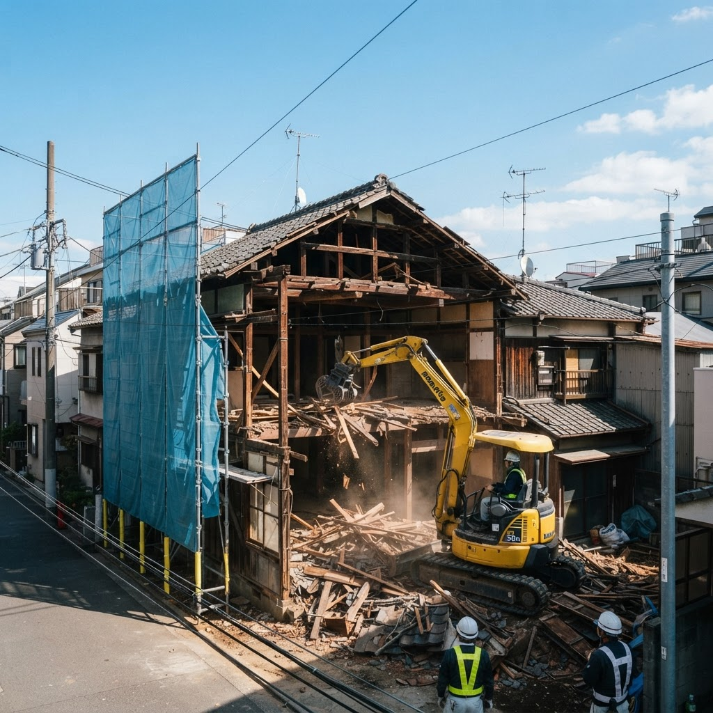 木造住宅解体の施工風景